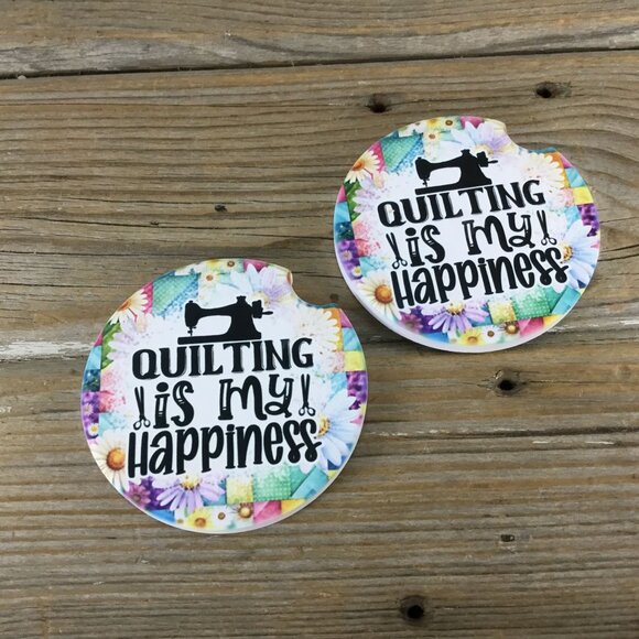 Quilting is My Happiness Set of 2 Sandstone Car Coasters, Quilter Gift - Picture 2 of 5